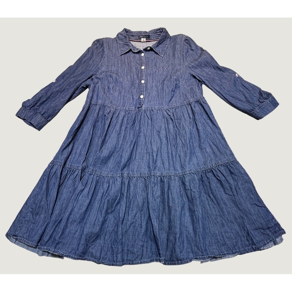 Tommy Hilfiger Women Blue Denim Tiered Shirt Dress Roll Tab Sleeve Logo Size 10
